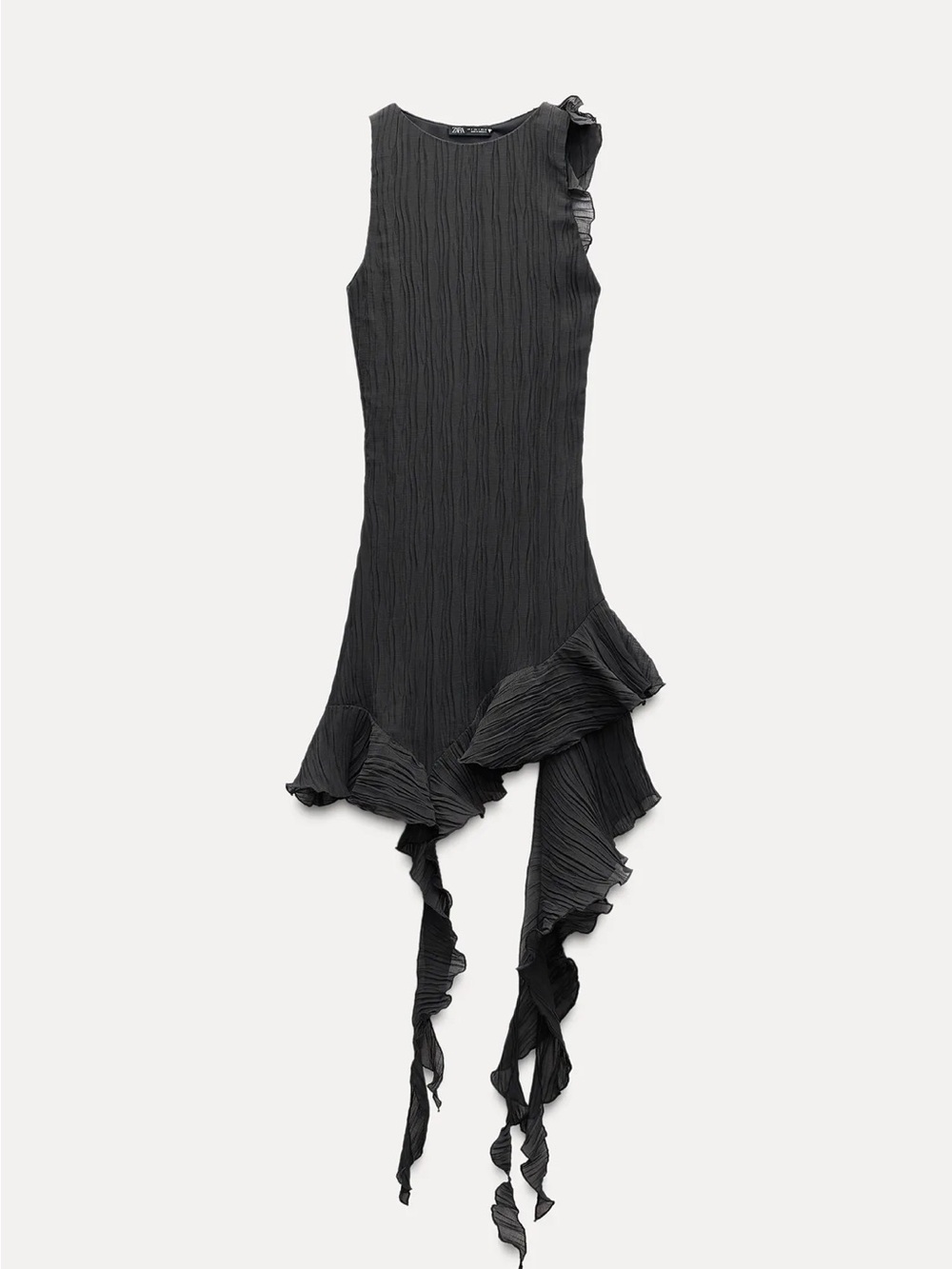 Zara Black Textured Asymmetrical Ruffle Dress